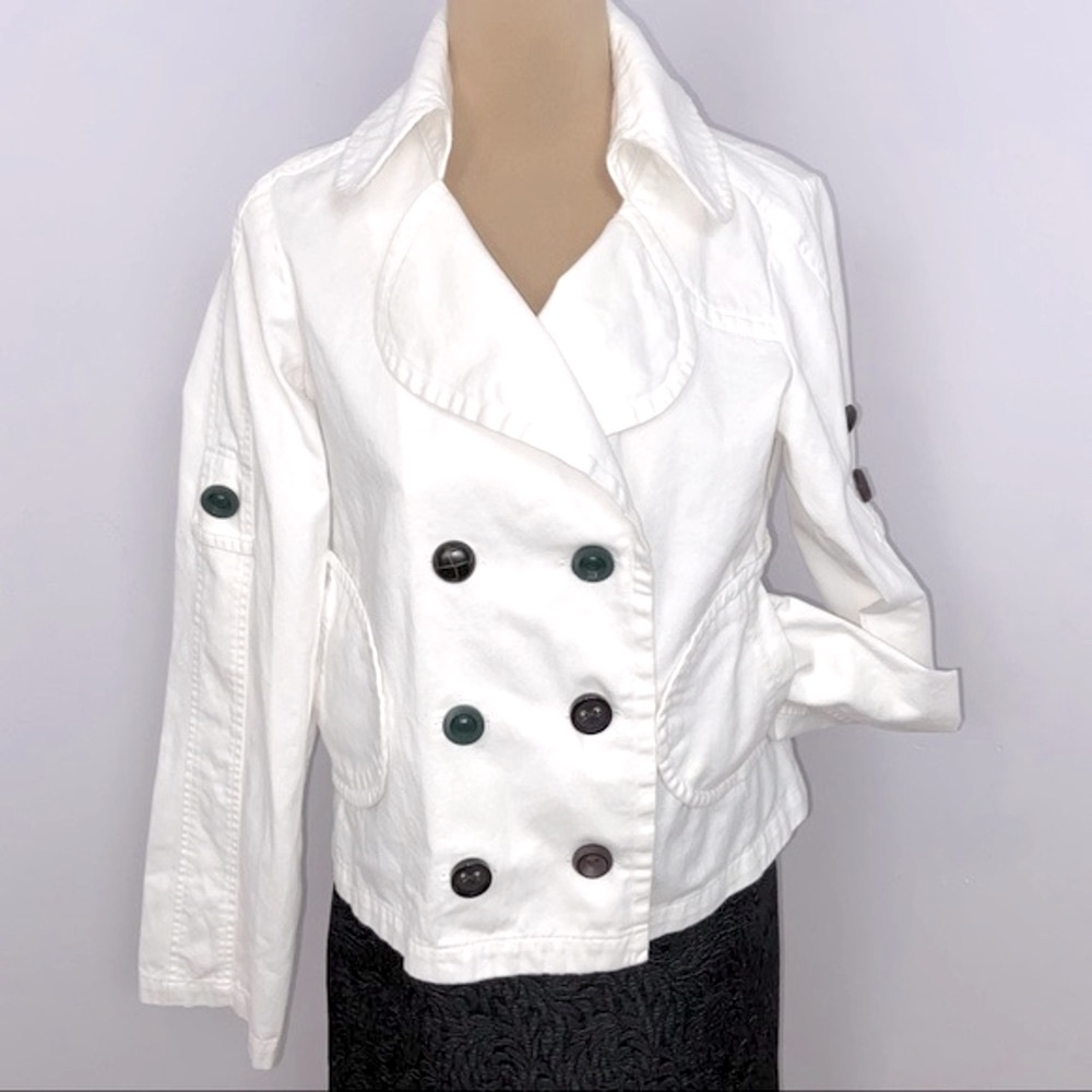 Double Breasted Eclectic Buttons White Cropped Canvas Pea Coat Jacket Si…